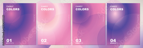 Candy colors abstract gradient background set, vibrant pink and purple blurred circle templates, 4 modern soft mesh vector covers for social media