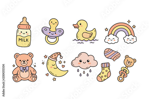 Cute Baby Object Sticker Pack Kawaii Flat Illustration