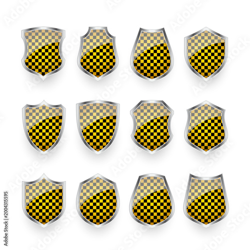 Glossy shields with yellow and black pattern. Security and protection concept. Cyber safety icons, internet privacy, web defense, digital data protection and antivirus themes. Vector illustration