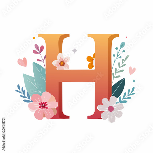 Decorative Letter H with Flowers and Leaves