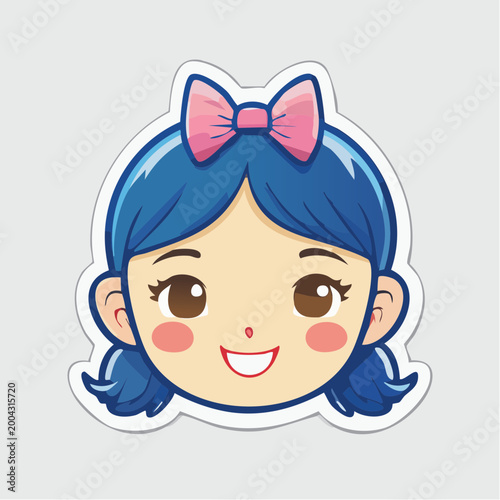 Cute Cartoon Girl with Blue Hair and Pink Bow