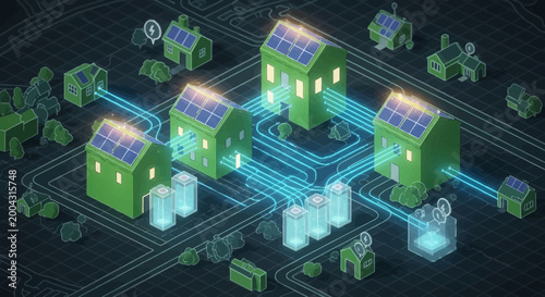 Conceptual isometric illustration of a smart energy grid connecting residential homes with solar panels, renewable power sources, and battery storage for a sustainable future city
