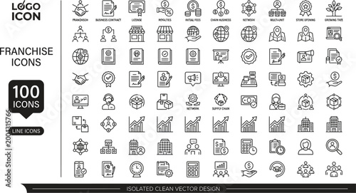 Minimalist monoline franchise icons set for business and marketing 100 line icons