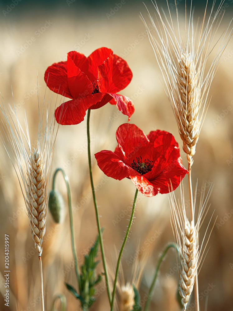 Fototapeta premium : Red Poppy Flower with Wheat Ears in Golden Field. AI generative.