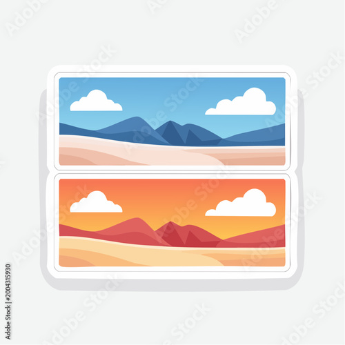 Two stylized landscapes with mountains and clouds