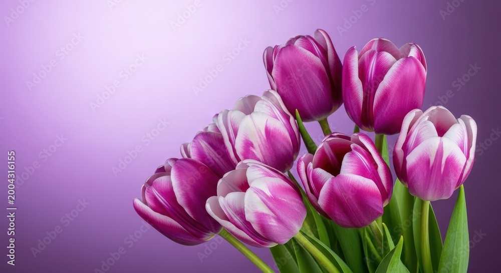 Obraz premium Purple and white tulips in soft gradient background, flowers petals