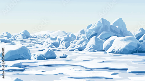 A serene illustration of an icy landscape, featuring glaciers and frozen terrain under a pale sky
