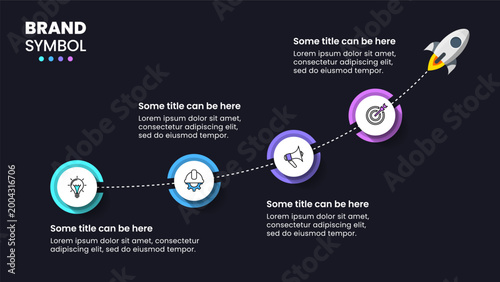Infographic template. Rocket with 4 steps and in dark style