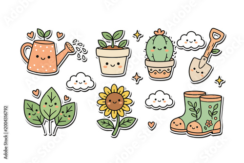 Cute Gardening Sticker Collection Kawaii Flat Vector