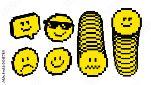 Pixel emoji UI icons in retro 8-bit style with stacked motion effect. Interface elements for loading states, user interaction feedback, dynamic interfaces in mobile apps and digital products