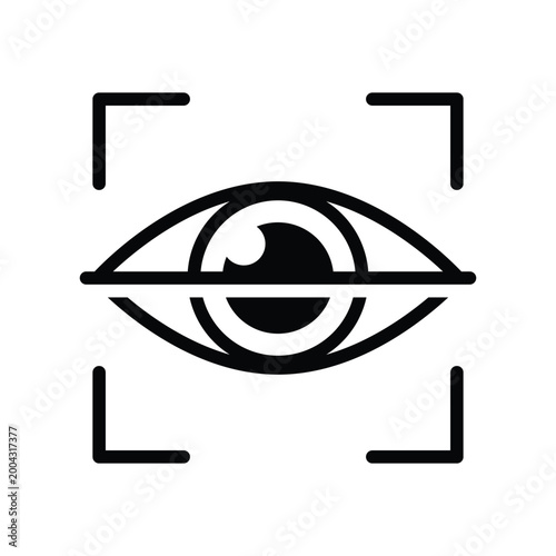 Biometric eye iris scan with horizontal laser line inside viewfinder for digital security technology line icon