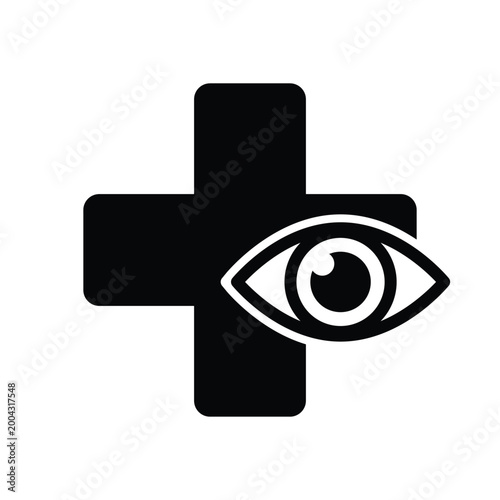 Ophthalmology medical cross with human eye for vision health clinic glyph icon