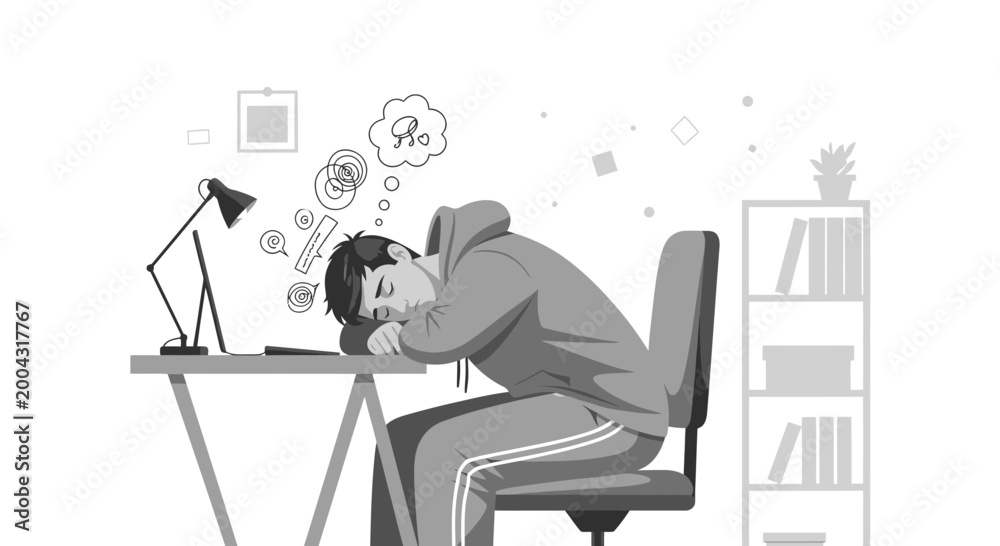 Fototapeta premium Overworked student sleeping at desk with thoughts of stress and exhaustion