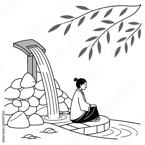 Serene woman sitting by a small waterfall with rocks and leaves