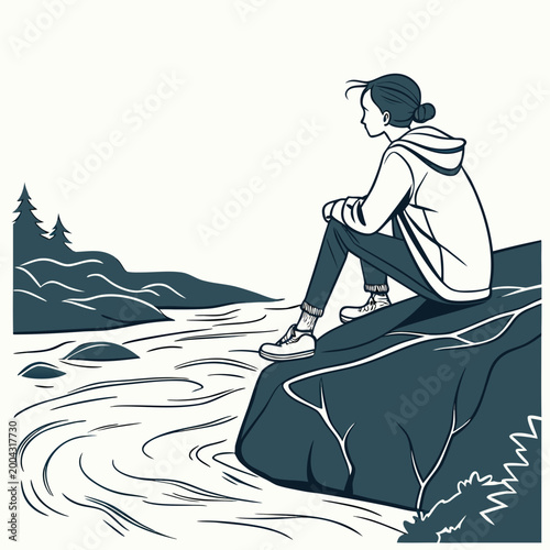 A woman sits on a rock by a river looking out at the water and trees in the distance in a blue and white illustration
