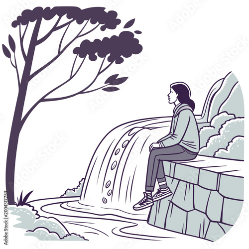 A woman sitting on a stone wall next to a waterfall and tree