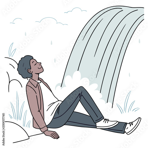 A cartoon man sitting on the ground looking up at a large waterfall with rain and clouds in the background
