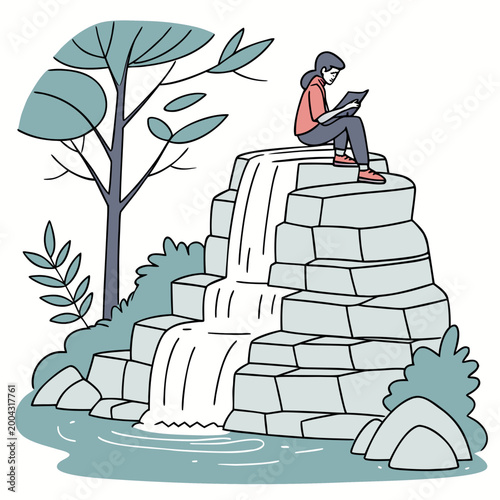 A woman sits on top of a waterfall and uses her tablet in a natural setting with a tree and rocks