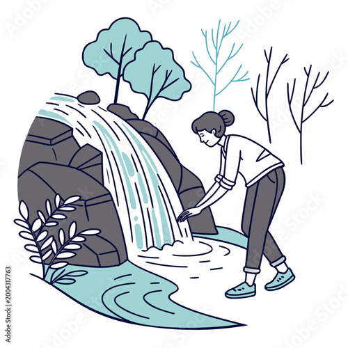 A woman standing next to a waterfall with trees in the background