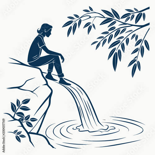 A dark blue silhouette of a woman sitting on a cliff overlooking water with leaves
