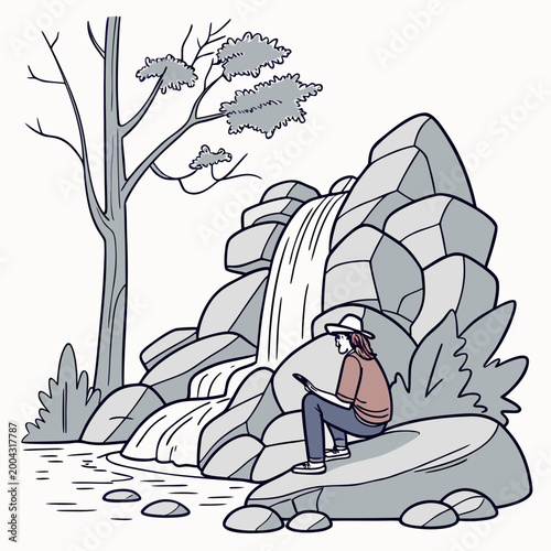 A person sitting on a rock in front of a waterfall and tree