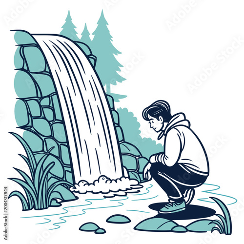 A man crouches down next to a waterfall in a forest with trees and rocks around him