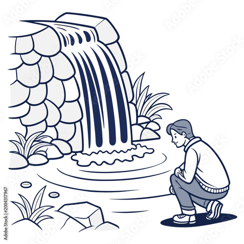 A man crouches next to a small waterfall with plants and rocks around it