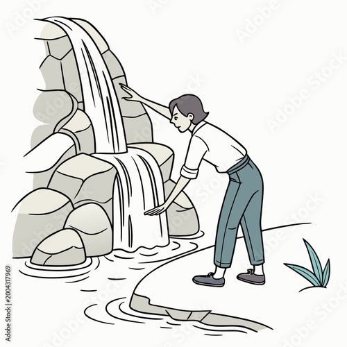 A woman is drinking from a waterfall stream while bending over rocks and stones