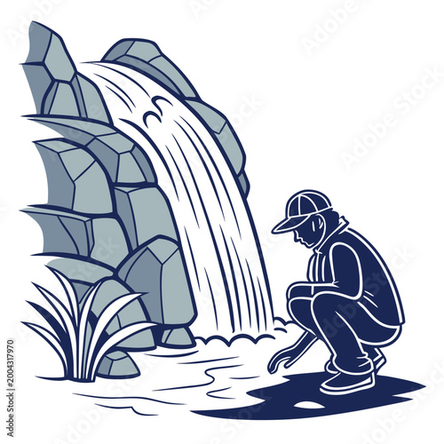 Man crouching by a waterfall with rocks and plants