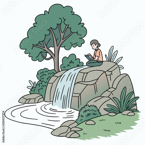 A woman sitting on a rock reading a book next to a waterfall and tree
