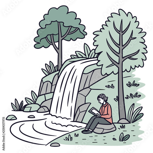 A woman sitting on a rock reading a book in front of a waterfall in the forest with trees and plants around her