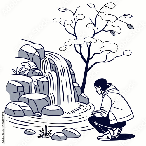 A serene illustration of a person crouching beside a small waterfall and tree