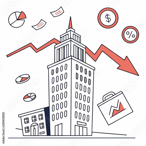 Vector illustration of a building with a downward trend in business