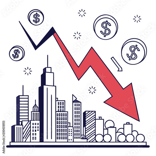 Vector illustration of a city skyline with a downward trend line and dollar coins floating around, symbolizing economic decline or financial loss in a urban setting with a