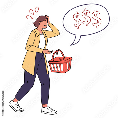 A cartoon woman looks worried while holding a shopping basket and thinking about money