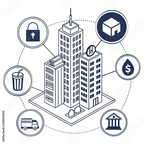 Vector illustration of a city block with various icons representing different services and concepts