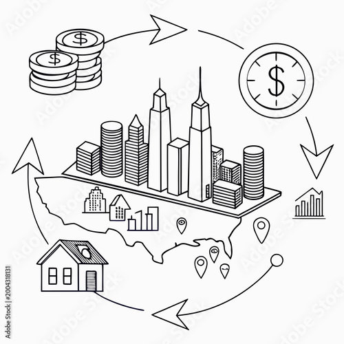Black and white line drawing of a city on a map with money and a house