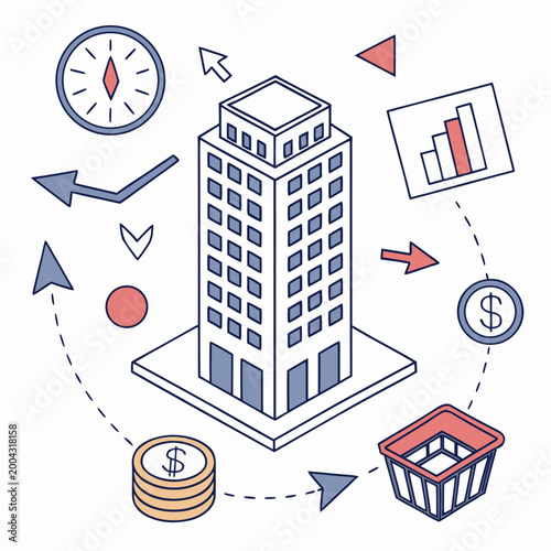 Business and finance concept with building, coins, and shopping cart