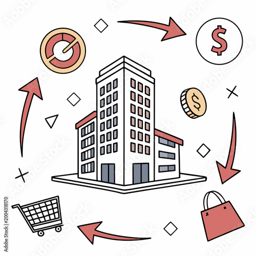 Vector illustration of a building with shopping and finance icons around it