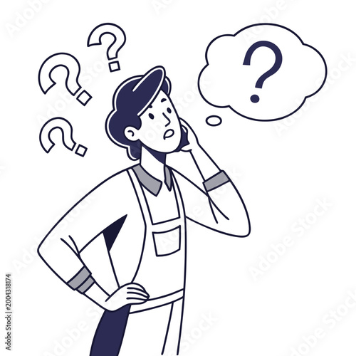 Confused man with question marks thinking and scratching head in puzzlement