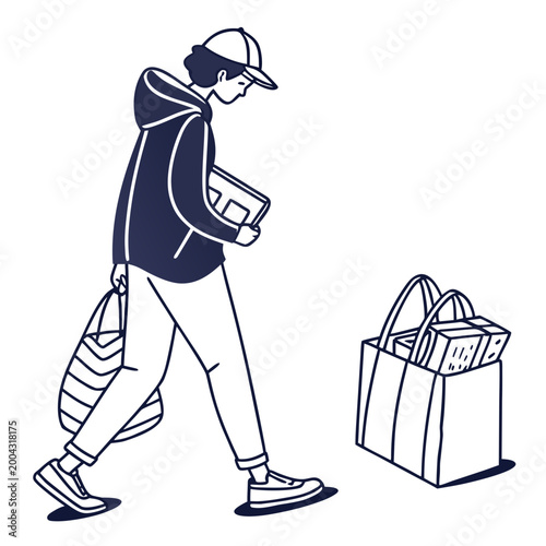 A man walking with a bag and a box in his hand and another bag on his shoulder