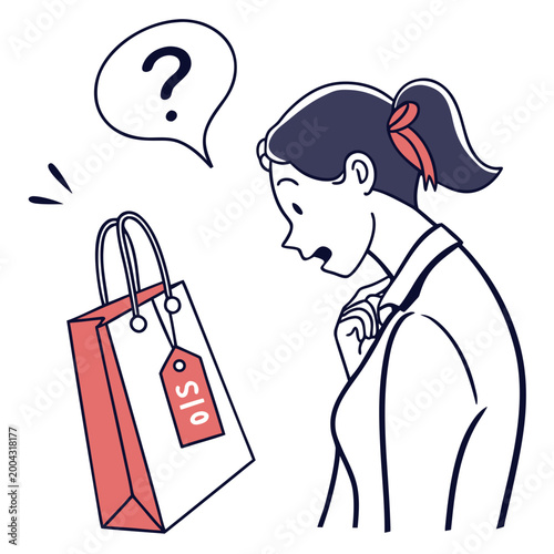A cartoon woman looking at a shopping bag with a question mark above her head, contemplating a purchase with a puzzled expression on her face