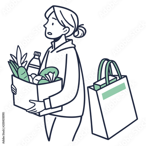 A woman holding a box of groceries and a shopping bag