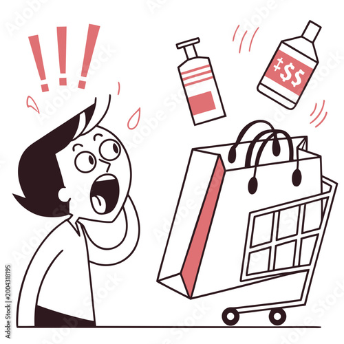 A cartoon woman looking shocked and overwhelmed by shopping bags and products