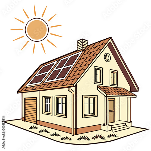 A house with solar panels on the roof under a sunny sky with a