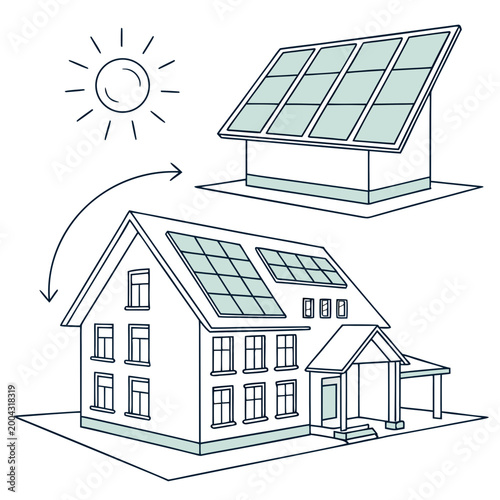 A house with solar panels on the roof and a sun in the sky, illustrating renewable energy and sustainable living with solar power