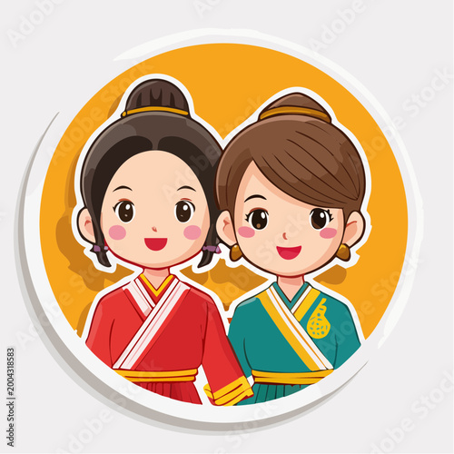 Two cartoon girls in traditional Asian attire