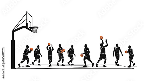 Top-Down View of Basketball Performance Workflow – Human Activity Vector, Technical CAD Illustration, Isometric Sports System Diagram, Isolated White Background