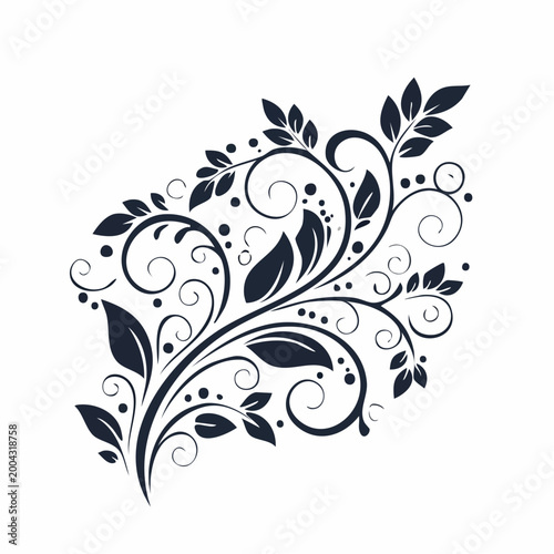 Dark Blue Floral Swirls and Leaves Decorative Element