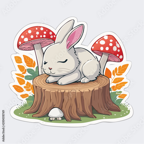 Cute Sleeping Bunny on Tree Stump with Mushrooms